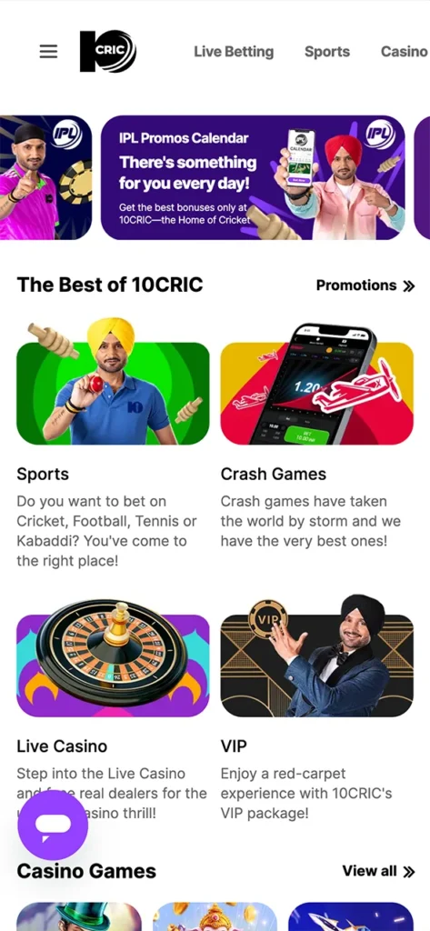 Enter the 10cric app main page and explore new games.