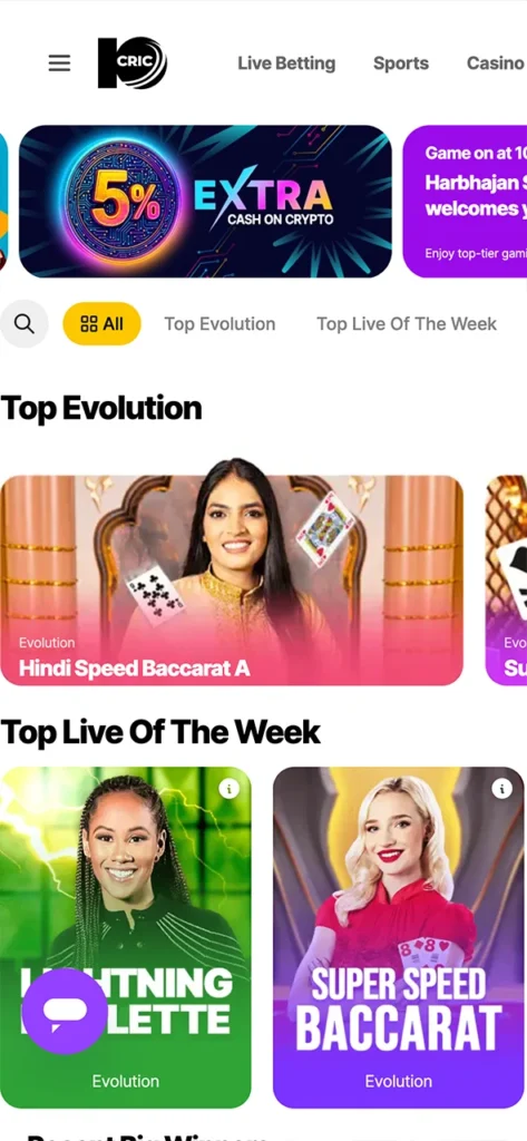 Feel the real casino vibe with live games at 10cric app.