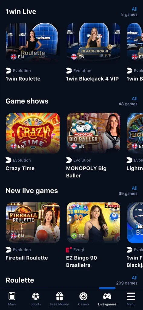 Feel the excitement with live casino games at 1win app.