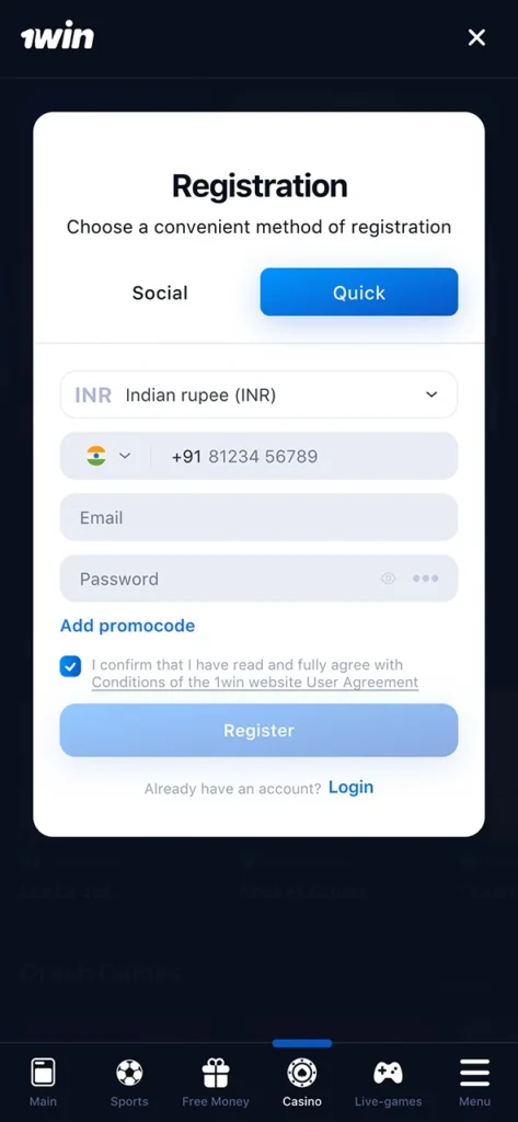 Join the 1win app by registering in a few steps.