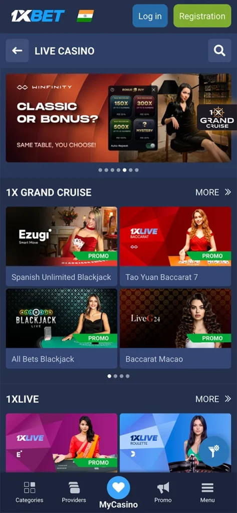 Play live casino games and win real money at 1xbet app.