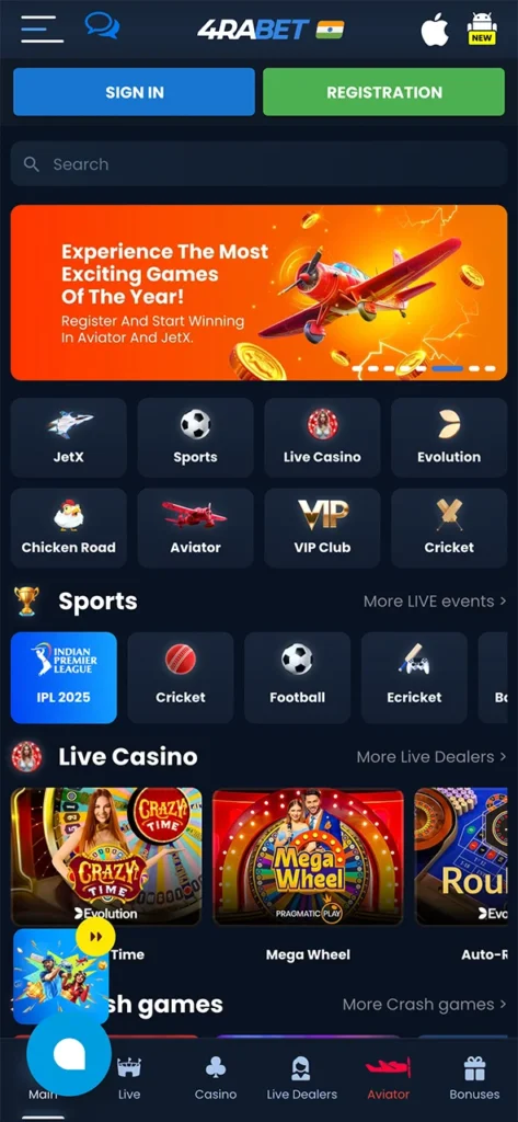 Visit the 4rabet app home page and find winning opportunities.