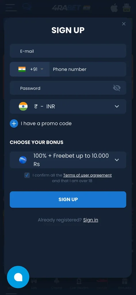 Register fast at 4rabet app and start playing live casino today.