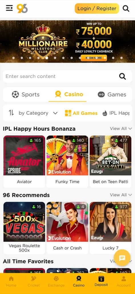 Win big with live casino games on the 96in app.