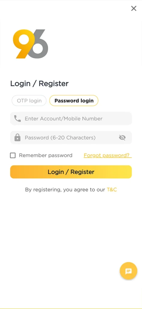 Join the 96in app by registering and start playing.