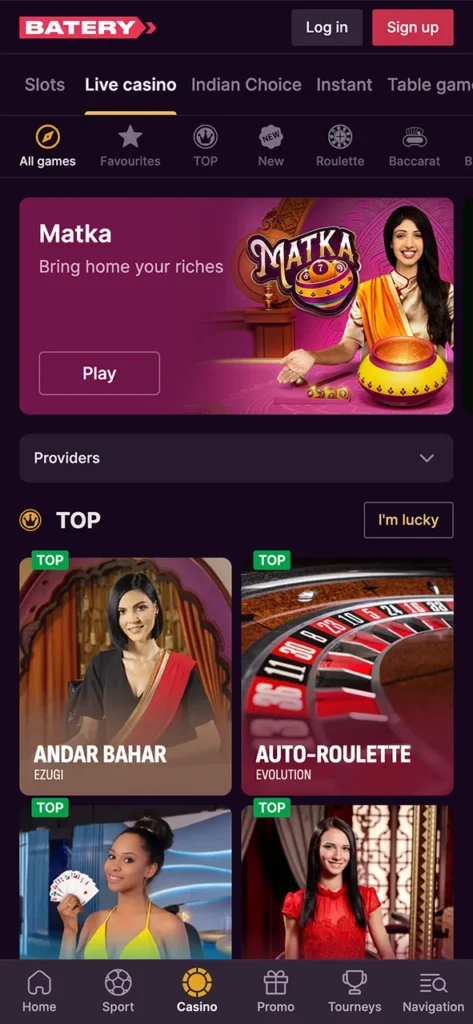 Try live casino games and win prizes on Batery app.