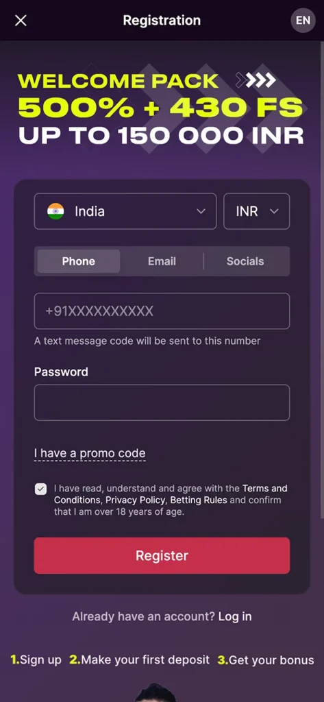 Join Batery app by completing registration and start playing live casino.