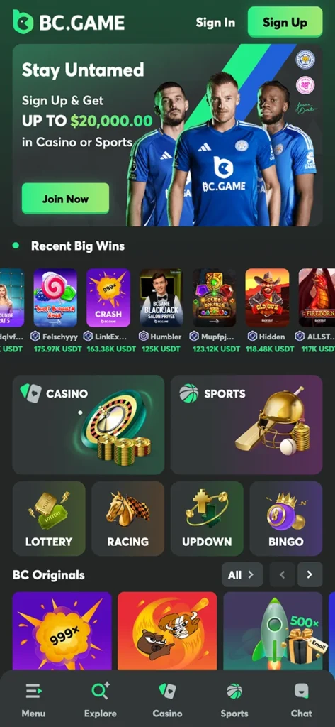 Discover live games on the BC Game app home page and start playing.