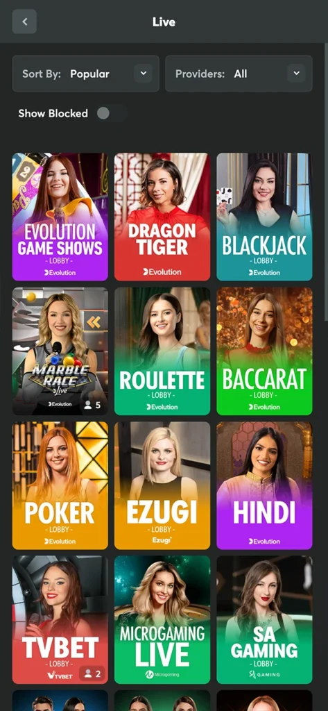 Enter live casino games and feel the excitement on BC Game app.