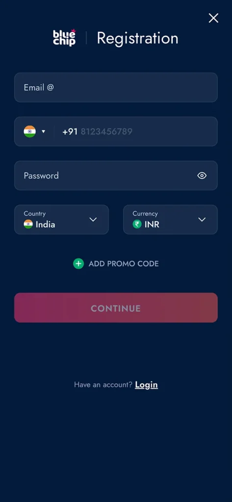 Create your account easily on Bluechip app and play live casino now.