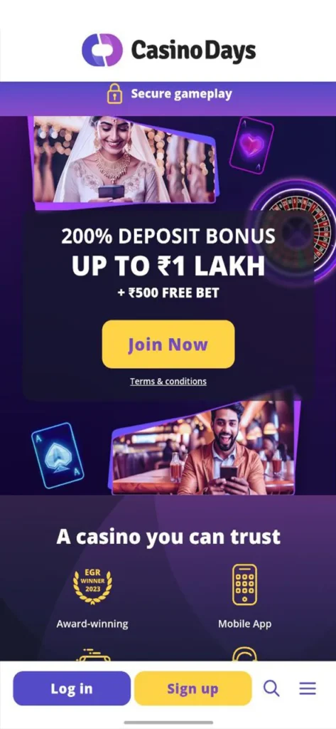 Dive into the Casino Days app home page and win big.