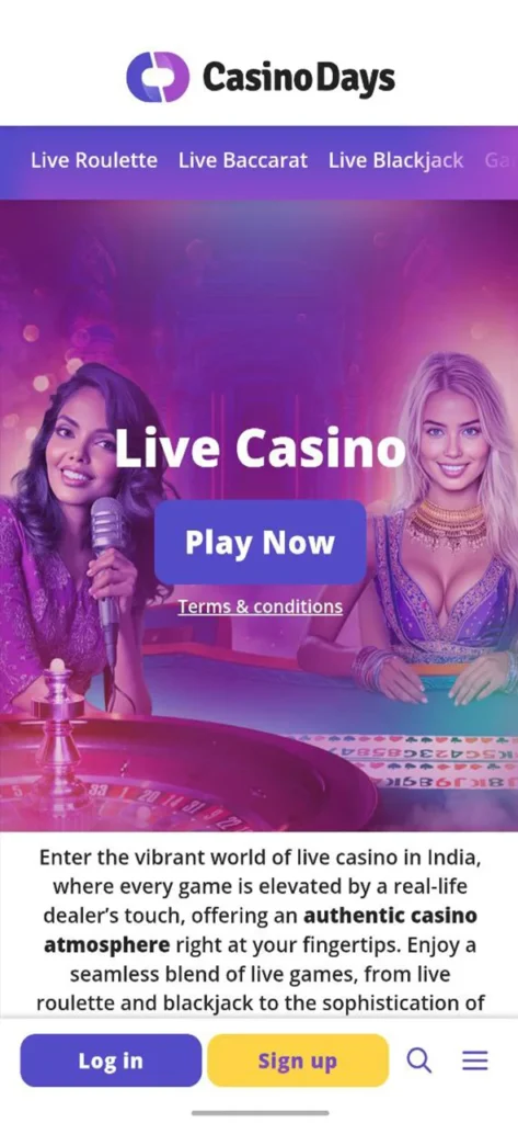 Win exciting prizes in live casino games at Casino Days app.