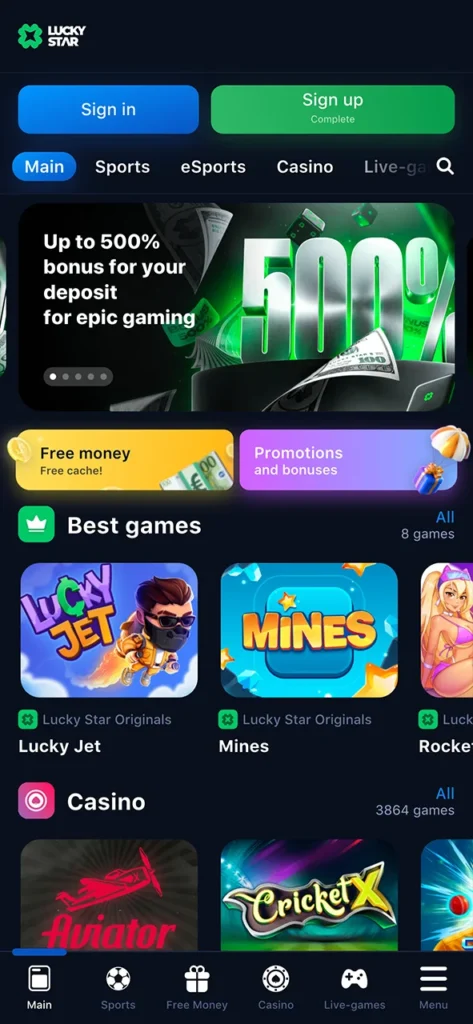 Discover live casino games on Lucky Star app home page.