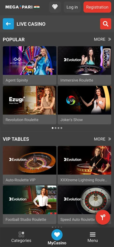 Play live casino and experience real thrills with MegaPari app.
