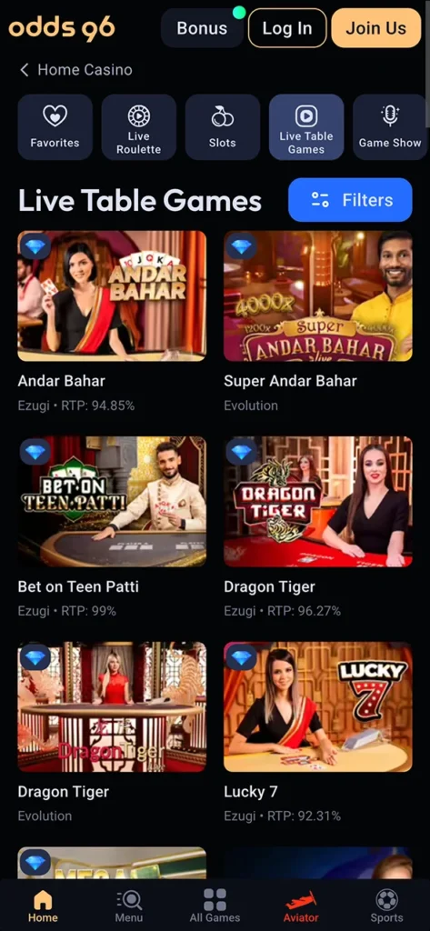 Play live casino games and win big at Odds96 app.