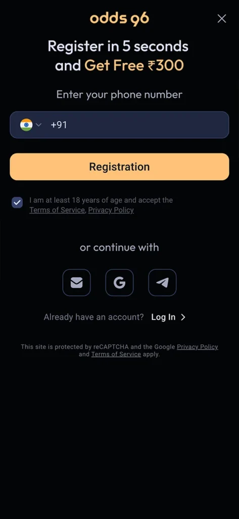 Register at Odds96 app and start betting at live casino in minutes.