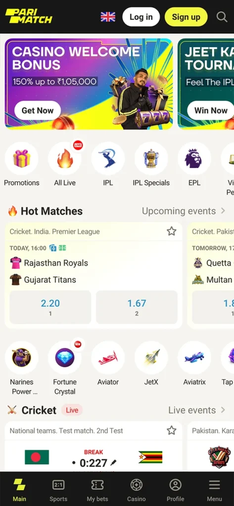 Discover the world of live casino betting on Parimatch app home page.