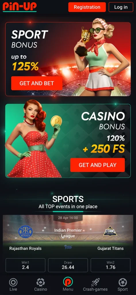 Explore live casino games on the PinUp app home page.