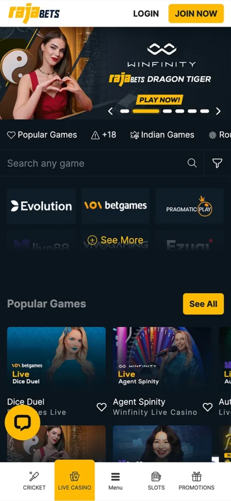 Play live dealer games and win at Rajabets app.