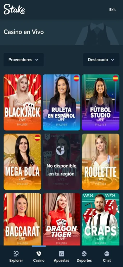 Play live casino and experience real gaming at Stake app.