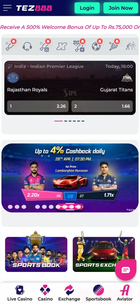 Explore the Tez888 app home page.