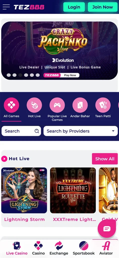 Play live casino games and win big at Tez888 app.