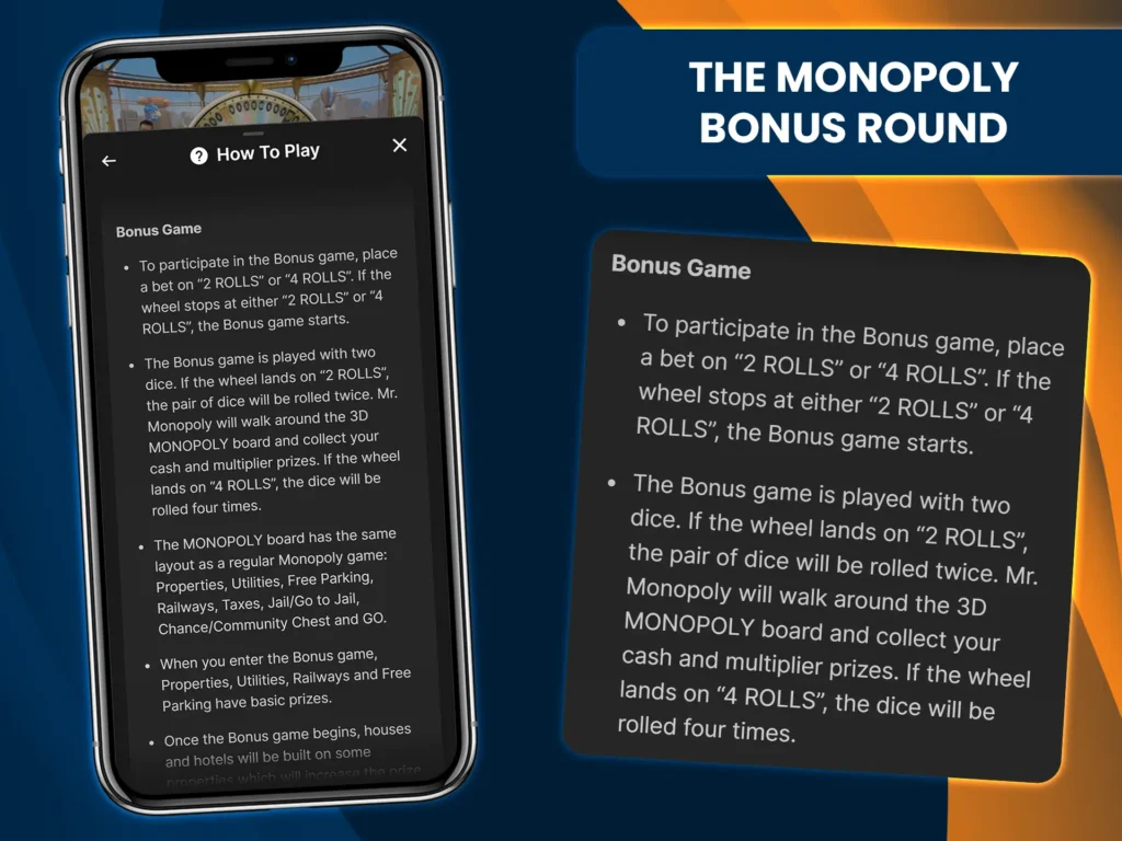 Roll dice, move Mr. Monopoly for multipliers, and earn extra rolls on doubles.