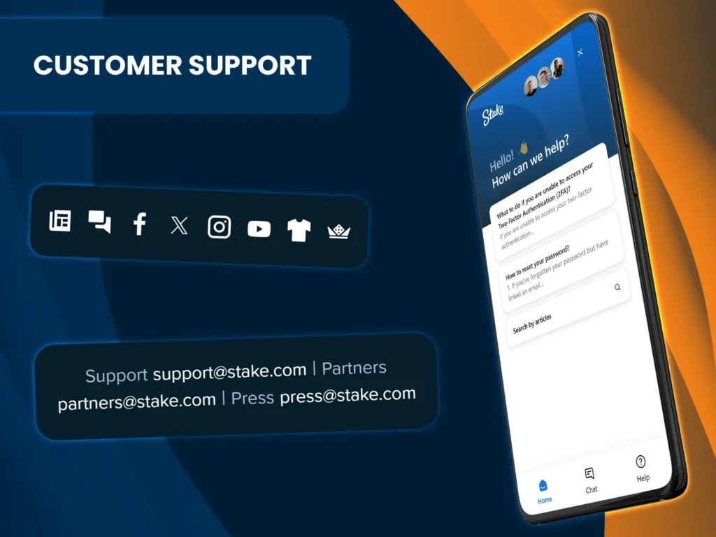 Get assistance from Stake Casino support via live chat, email, or social platforms.