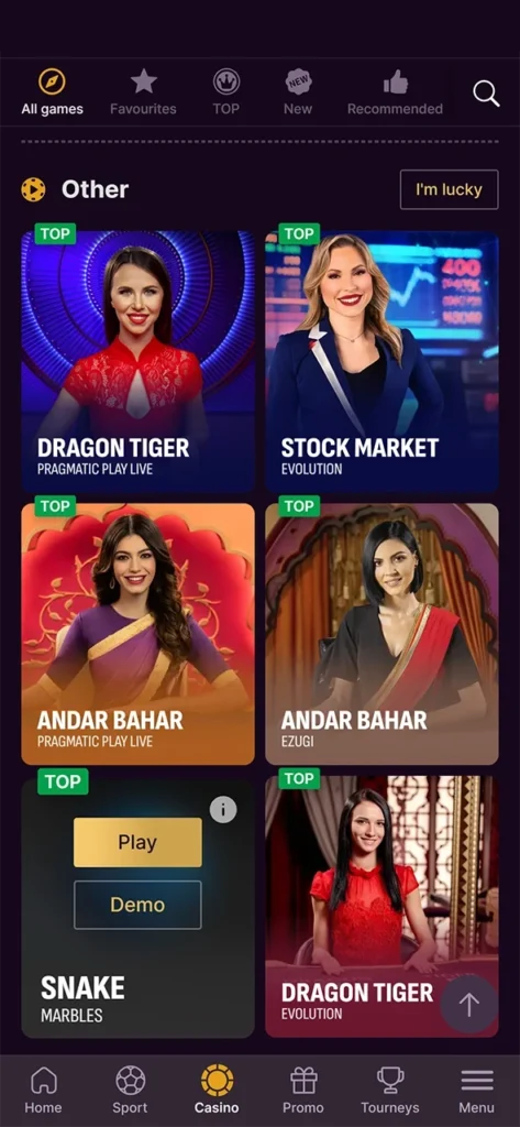 Demo section of the live casino.