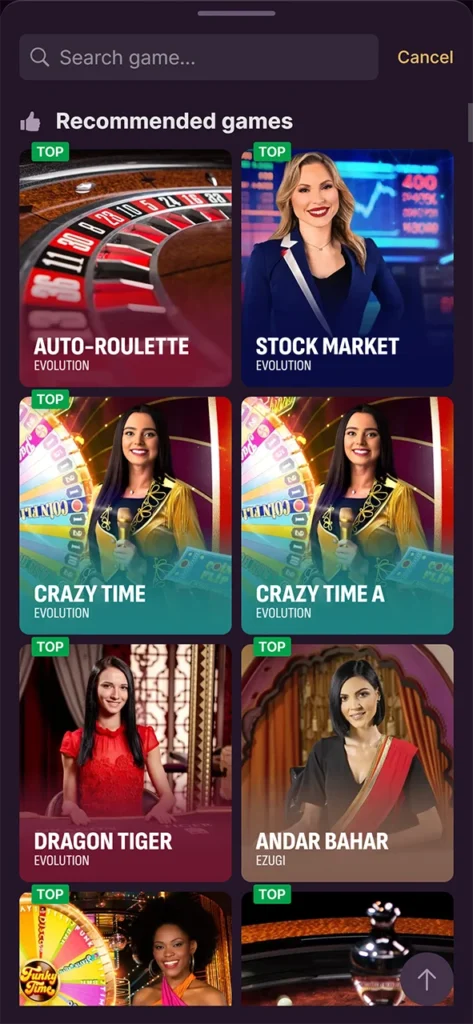Search for live casino games.