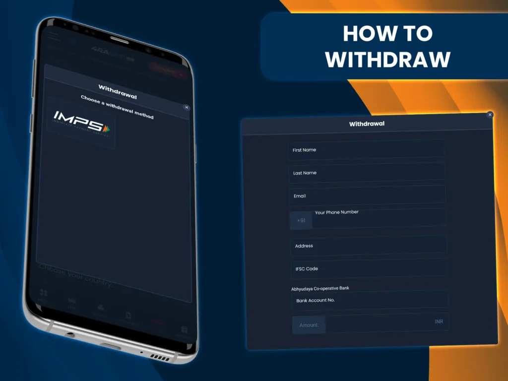Withdraw your winnings from 4rabet using IMPS.