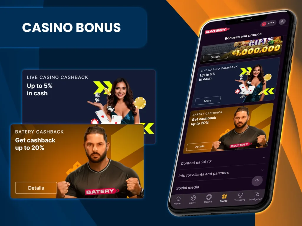 Get cashback playing at Batery live casino.