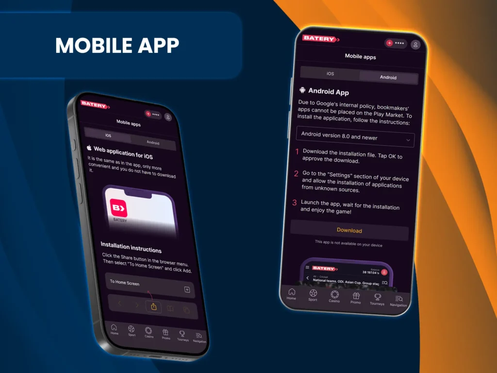 Play at Batery's live casino through the standalone Android app or PWA for iOS.