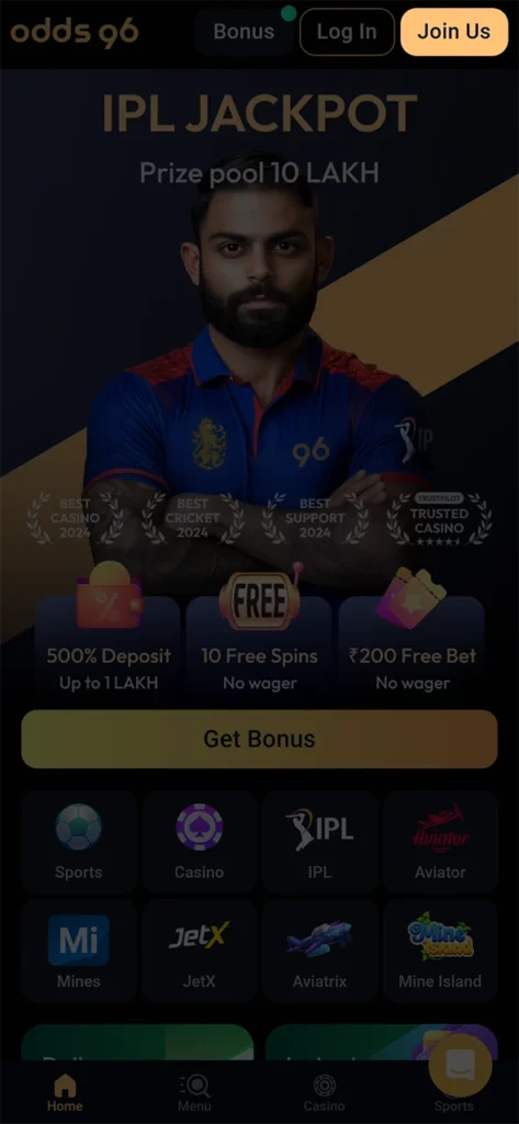 Click on the Odds96 registration button.