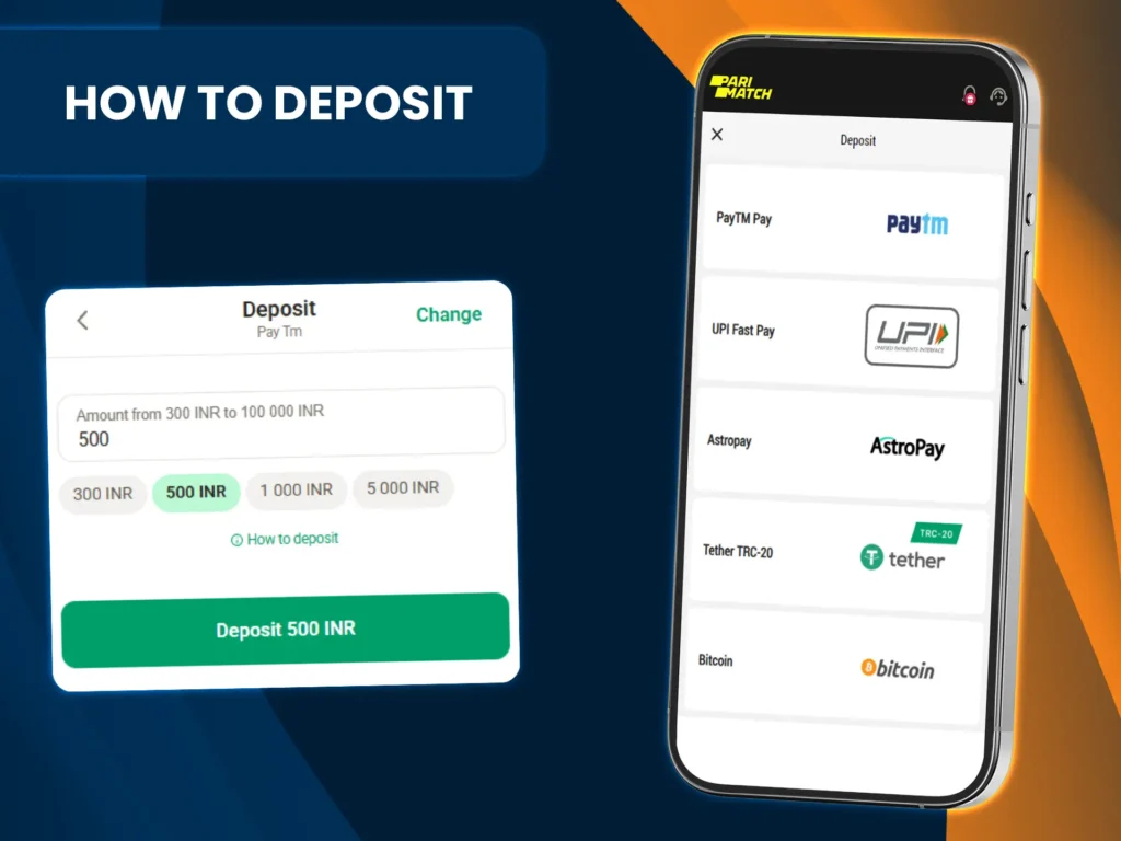Deposit to your Parimatch account using popular methods in India.