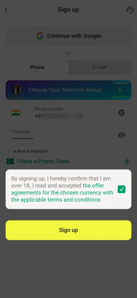 Agree with Parimatch rules and confirm account creation.