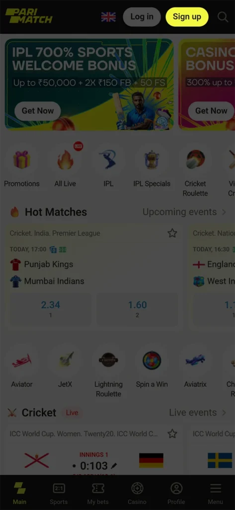 Start registration on the Parimatch platform.