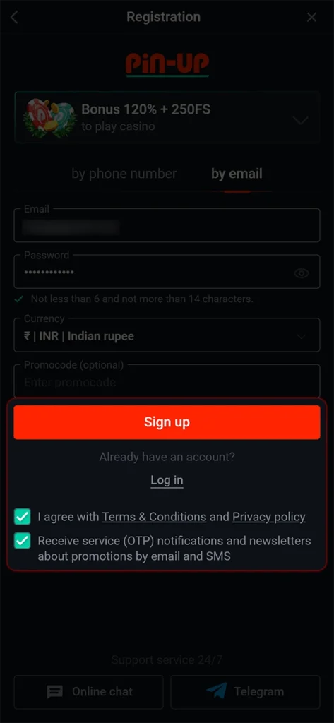 Accept PinUp's terms and complete your registration.