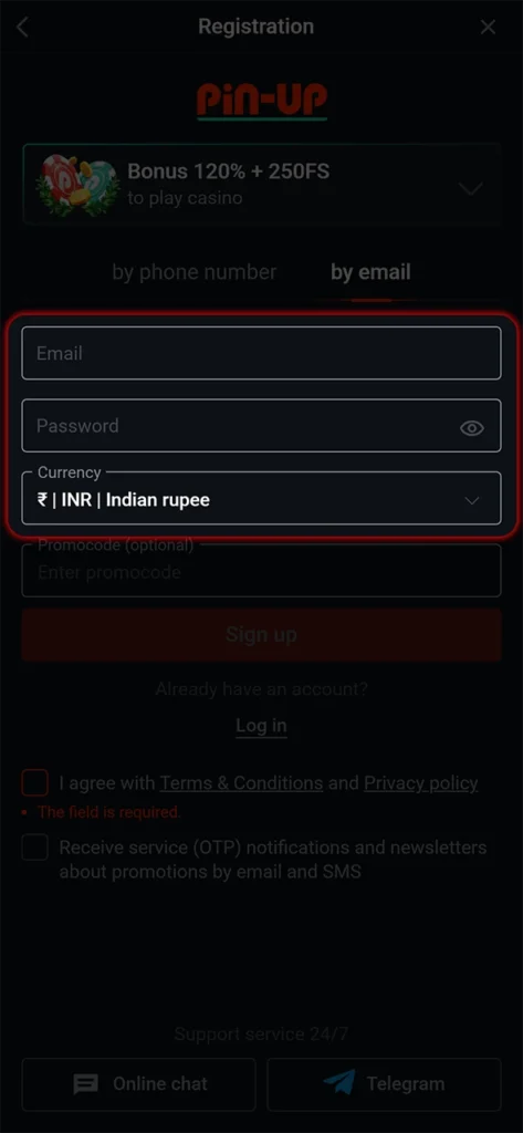 Provide the necessary information to register on PinUp.
