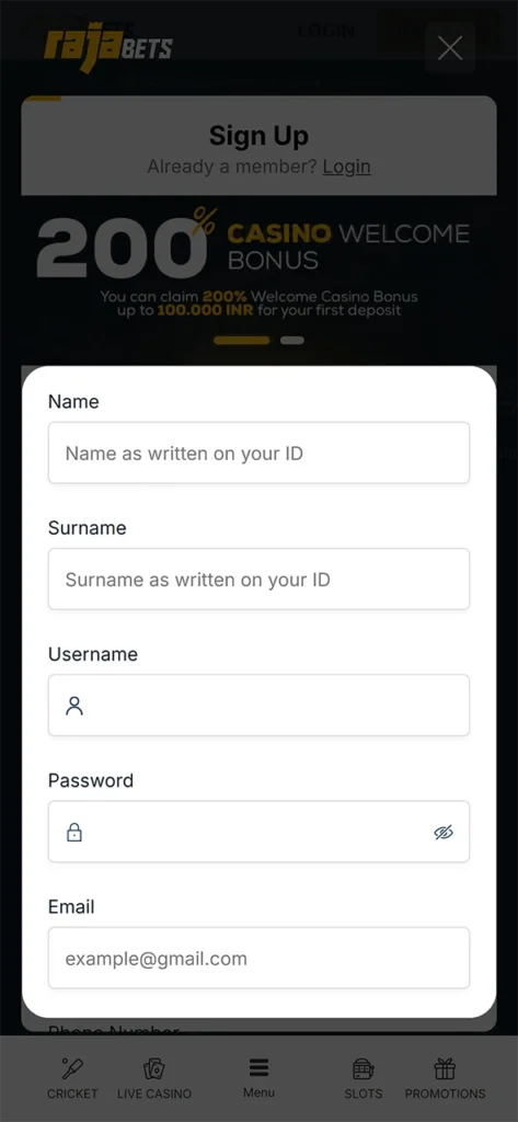 Enter your details to register for Rajabets.