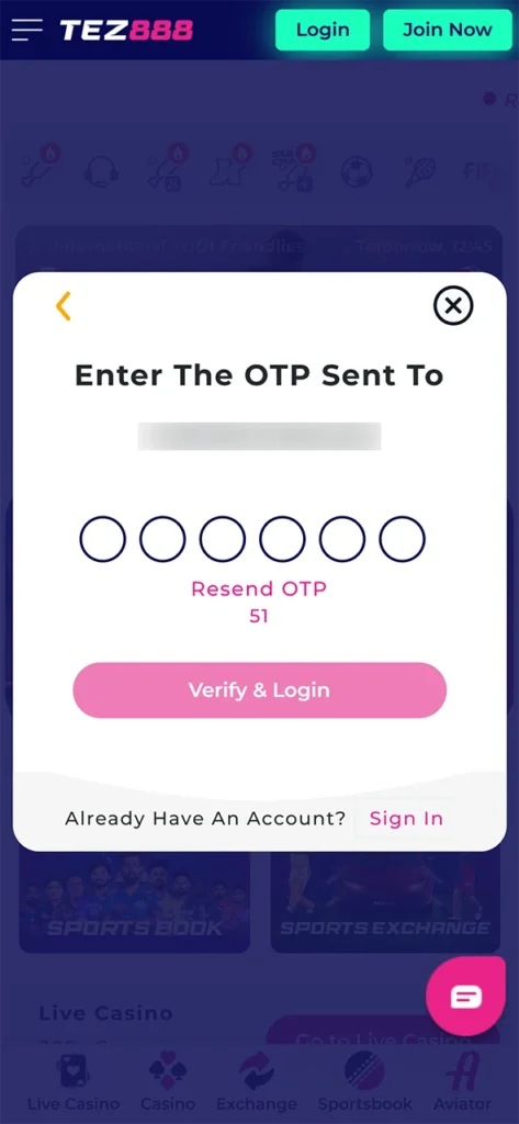 Signing up for Tez888 requires phone number verification.