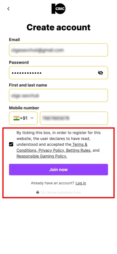 Confirm 10Cric rules and register your profile instantly.