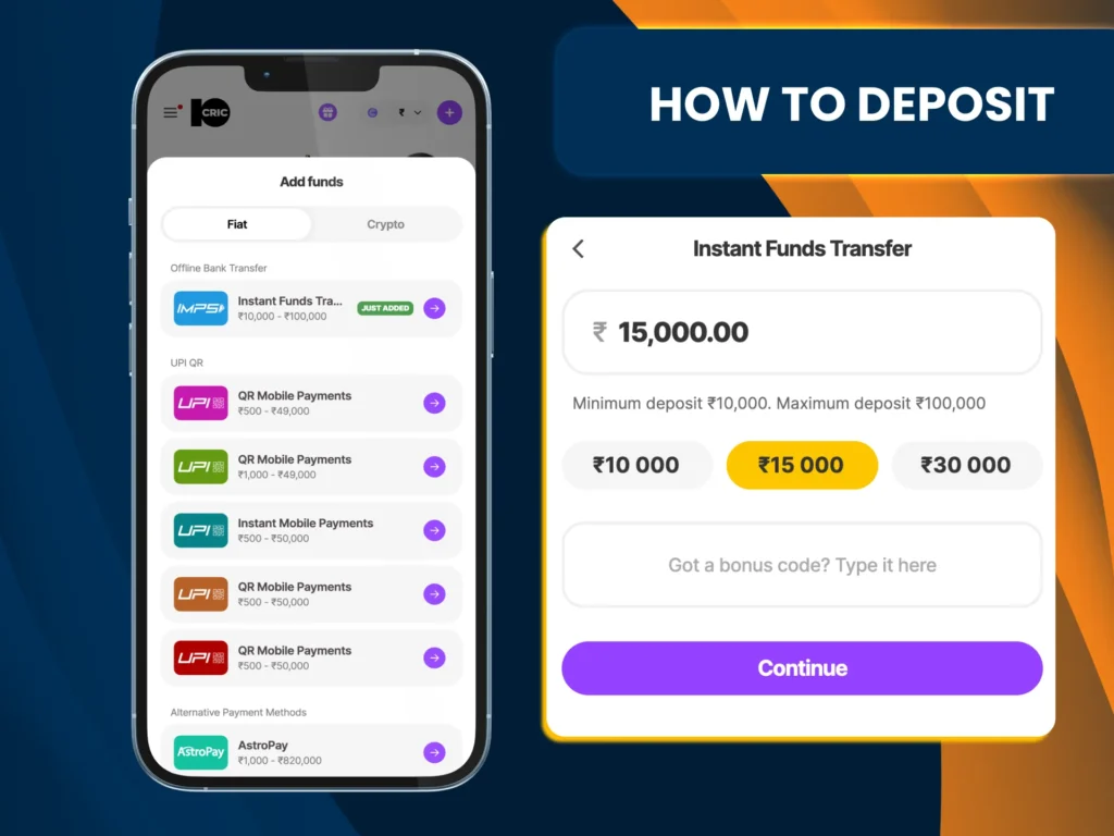 10Cric deposit page with payment options and no extra fees.