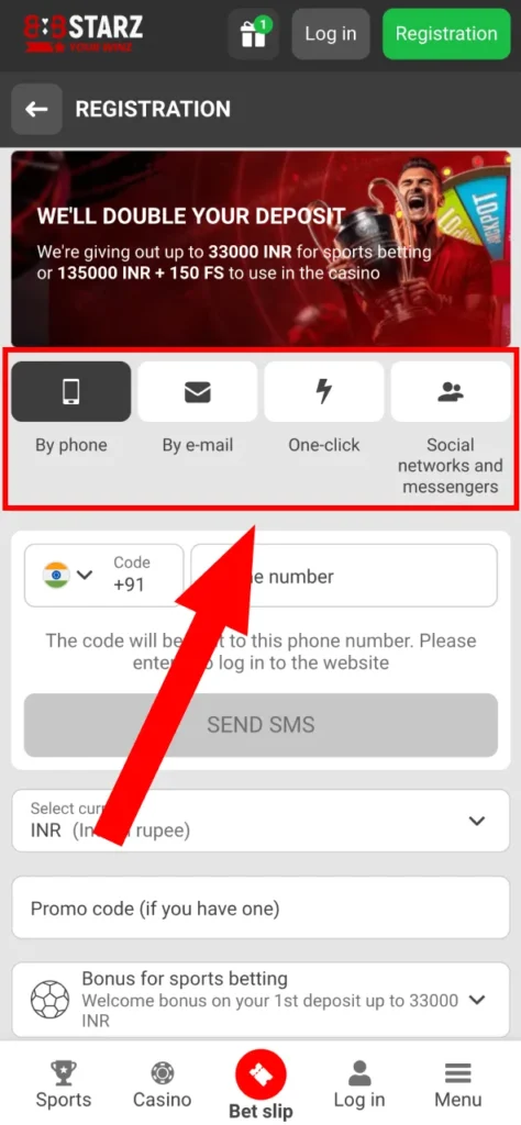 888Starz signup form with email phone and password fields.