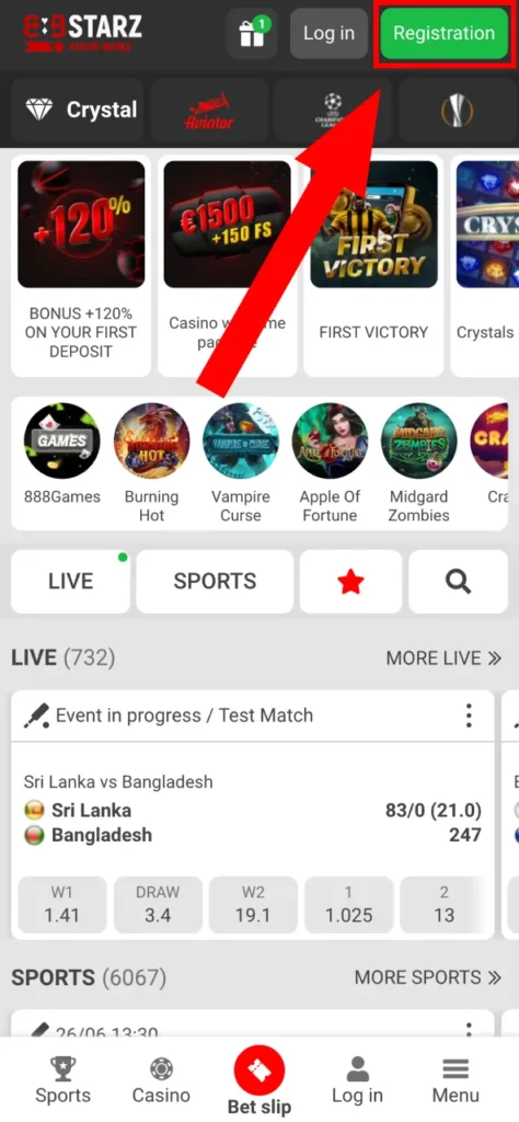 Locate the 888Starz Registration button in the top right corner.