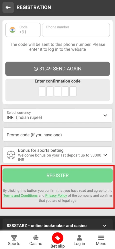 Confirm rules and create your 888Starz profile in seconds.