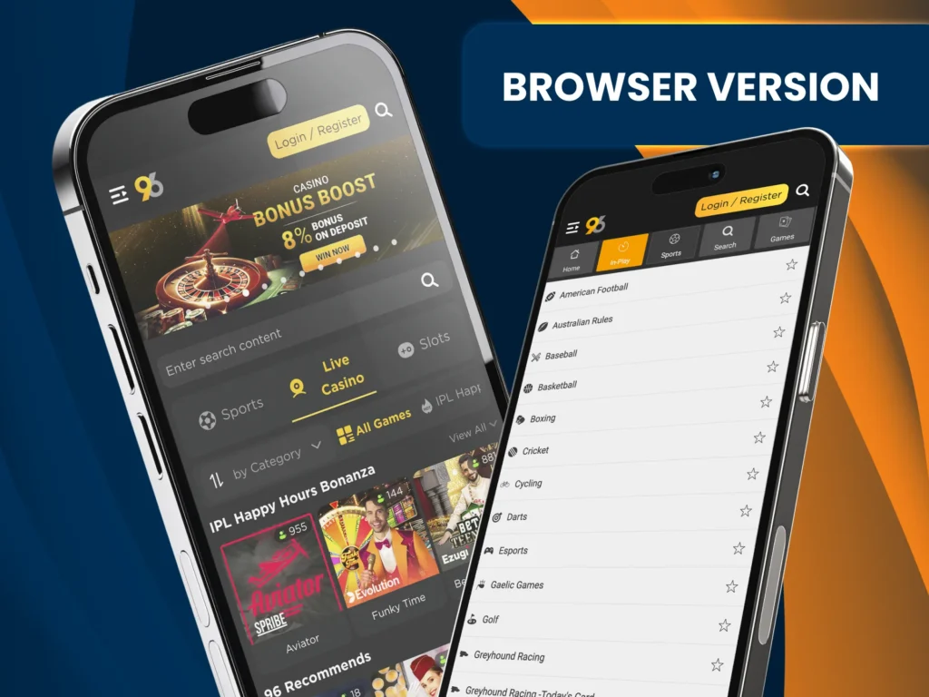 96in mobile browser site supports deposits, games, and withdrawals.