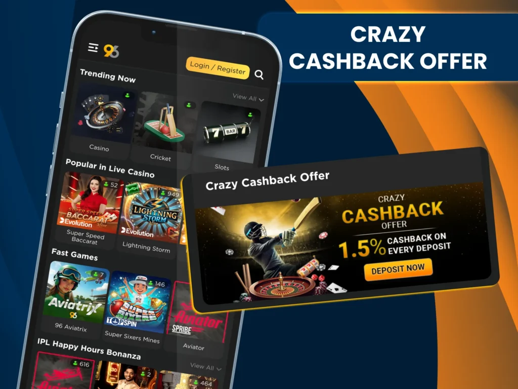 96in rewards both new and regular users with cashback on play.