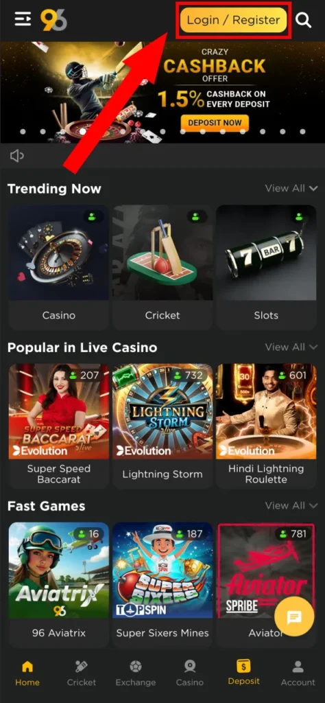 Join 96in quickly using the fixed Register button on app or site.