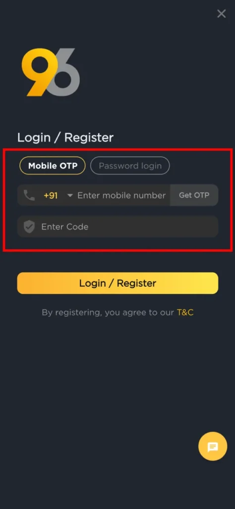 Enter your mobile number to sign up quickly on 96in.